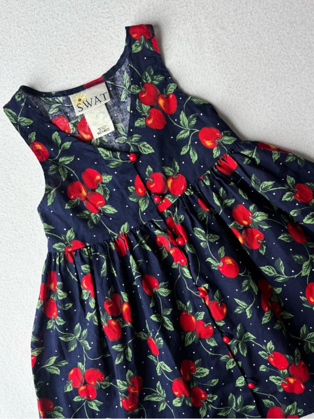 Vintage 90s SWAT Kids Sundress Girls Size 5 Apples Fall 100% Cotton Tie Twee